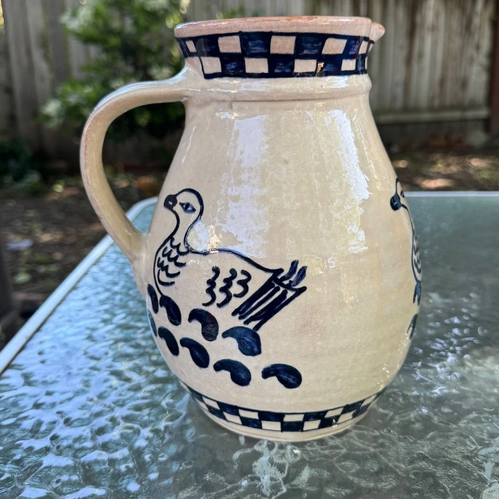 Vintage Hand Painted Stoneware Pitcher Blue Cobalt‎ Duck Folk Art Pottery 9 inch